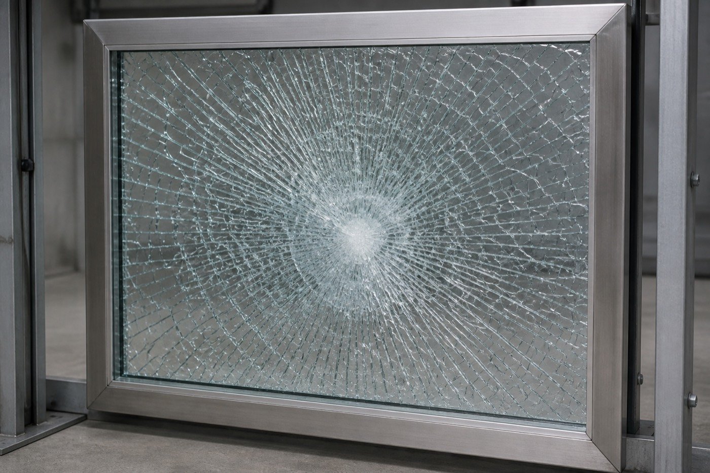 A glass window with a large, circular impact point, showing extensive spiderweb-like cracks radiating from the center.