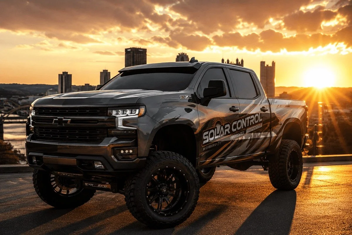 A black lifted pickup truck with 'Solar Control' logo parked on a rooftop during sunset, overlooking a city skyline.