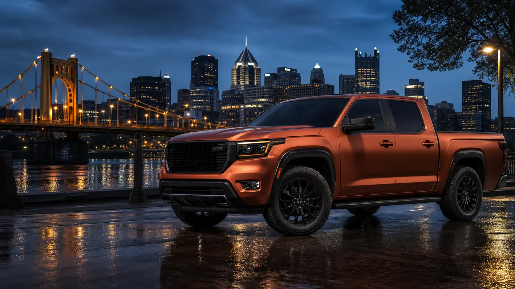 Satin copper-wrapped pickup truck overlooking downtown Pittsburgh and a lit city bridge at blue hour