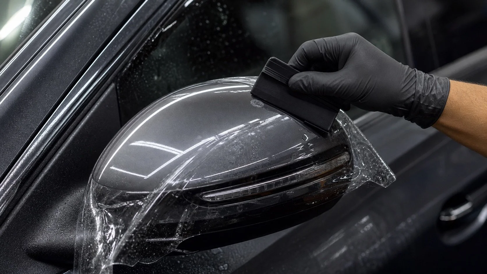 Clear paint protection film being installed on a side mirror