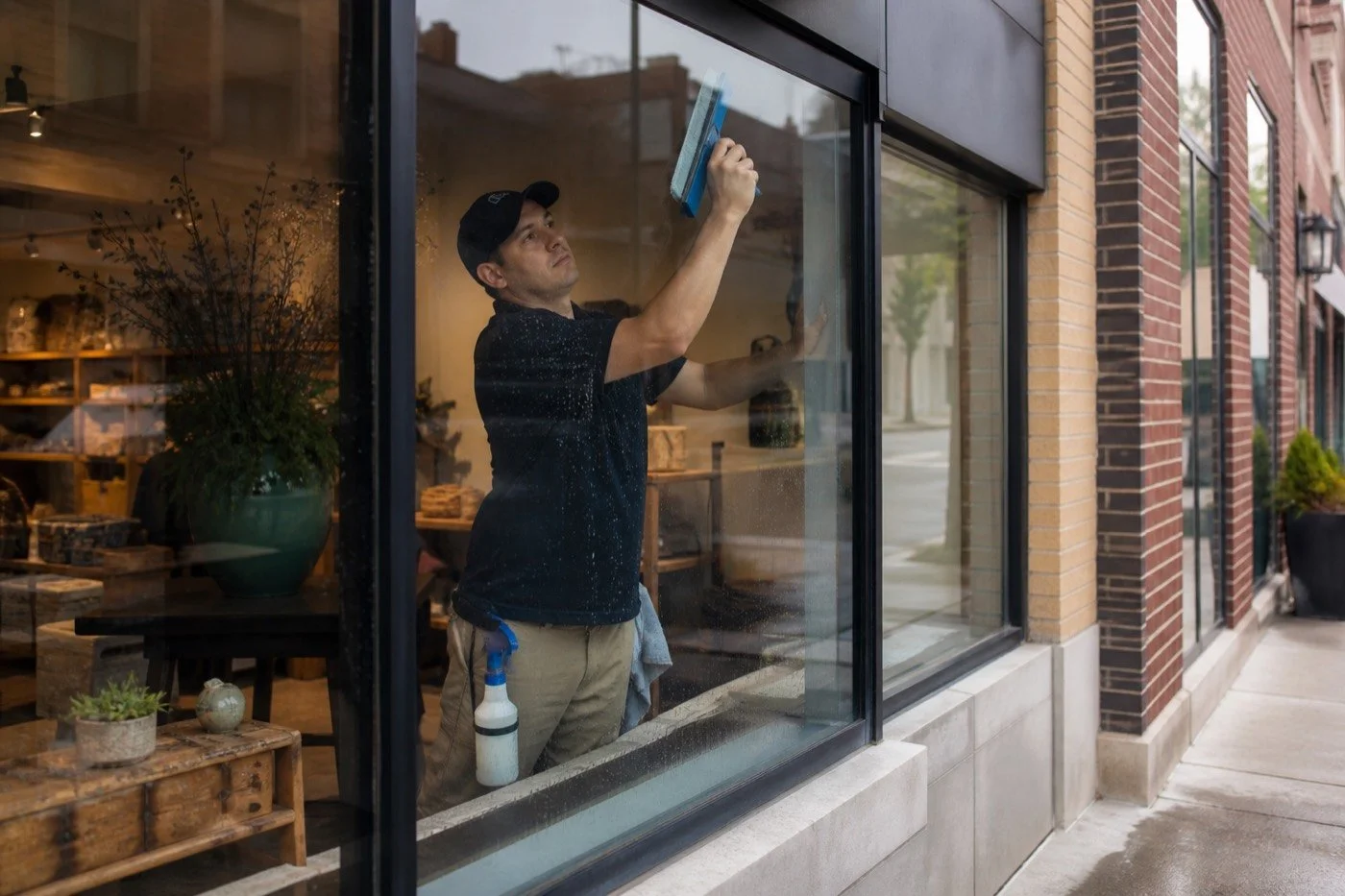 Professional installer positioning solar-control window film on a large commercial office window.