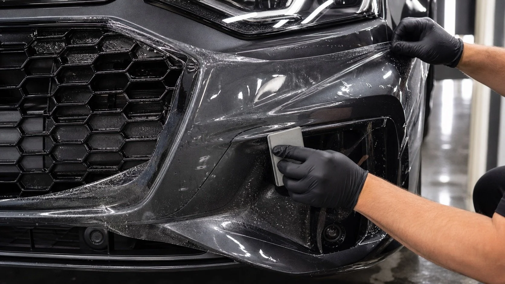 Clear PPF installation on a vehicle front bumper and grille area