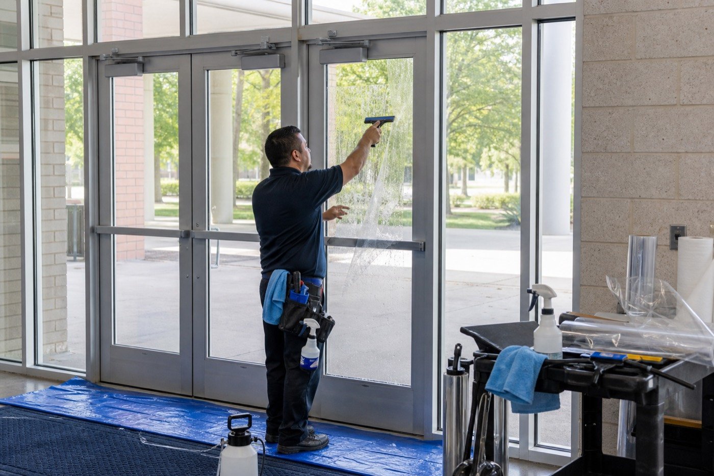 Professional installer applying clear safety and security film to a public-building glass entrance.