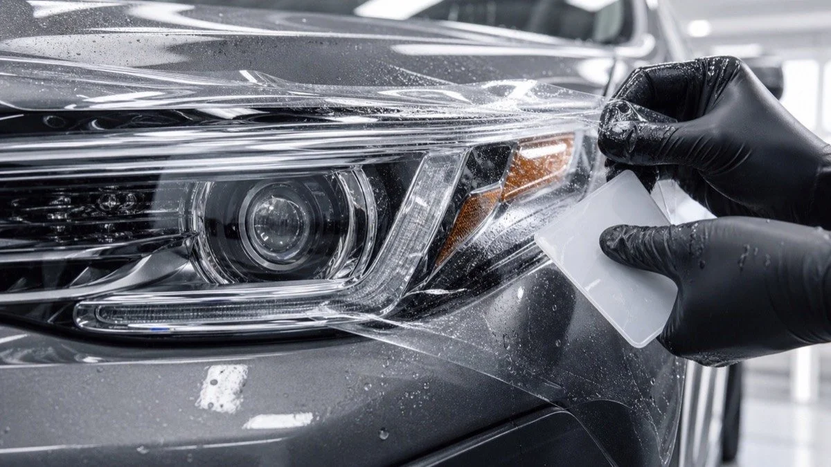 Close-up of a person applying a protective film to a car's headlight with a plastic card, wearing black gloves.