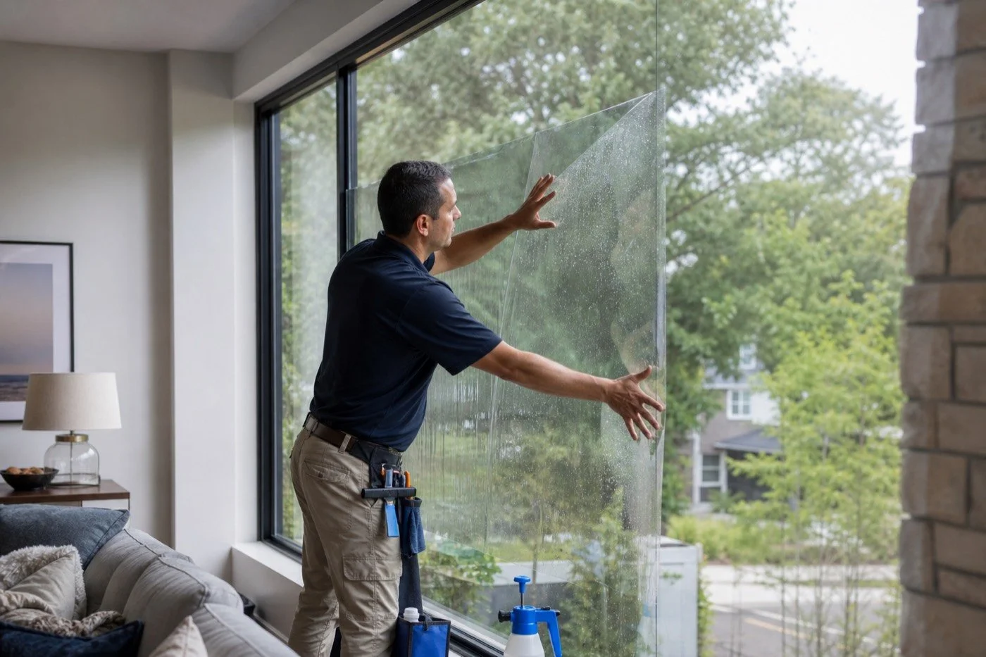 Installer applying residential solar-control window film to a large living-room window.