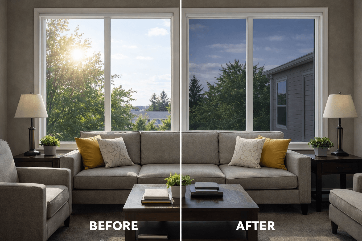 Before and after automotive window tinting in Monroeville Plum and Pittsburgh PA showing glare reduction UV protection and improved privacy