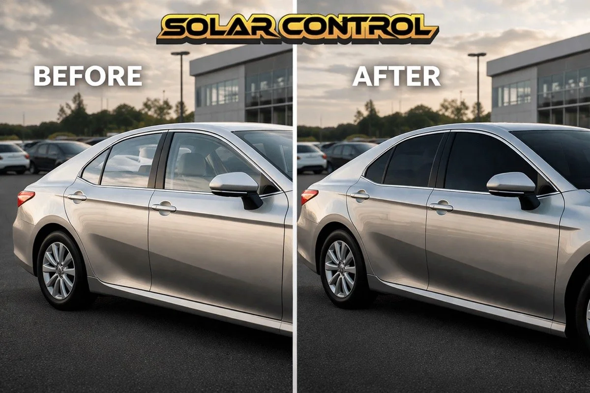 A side-by-side comparison of a silver sedan before and after window tinting, with "Solar Control" at the top and 'Before' and 'After' labels.