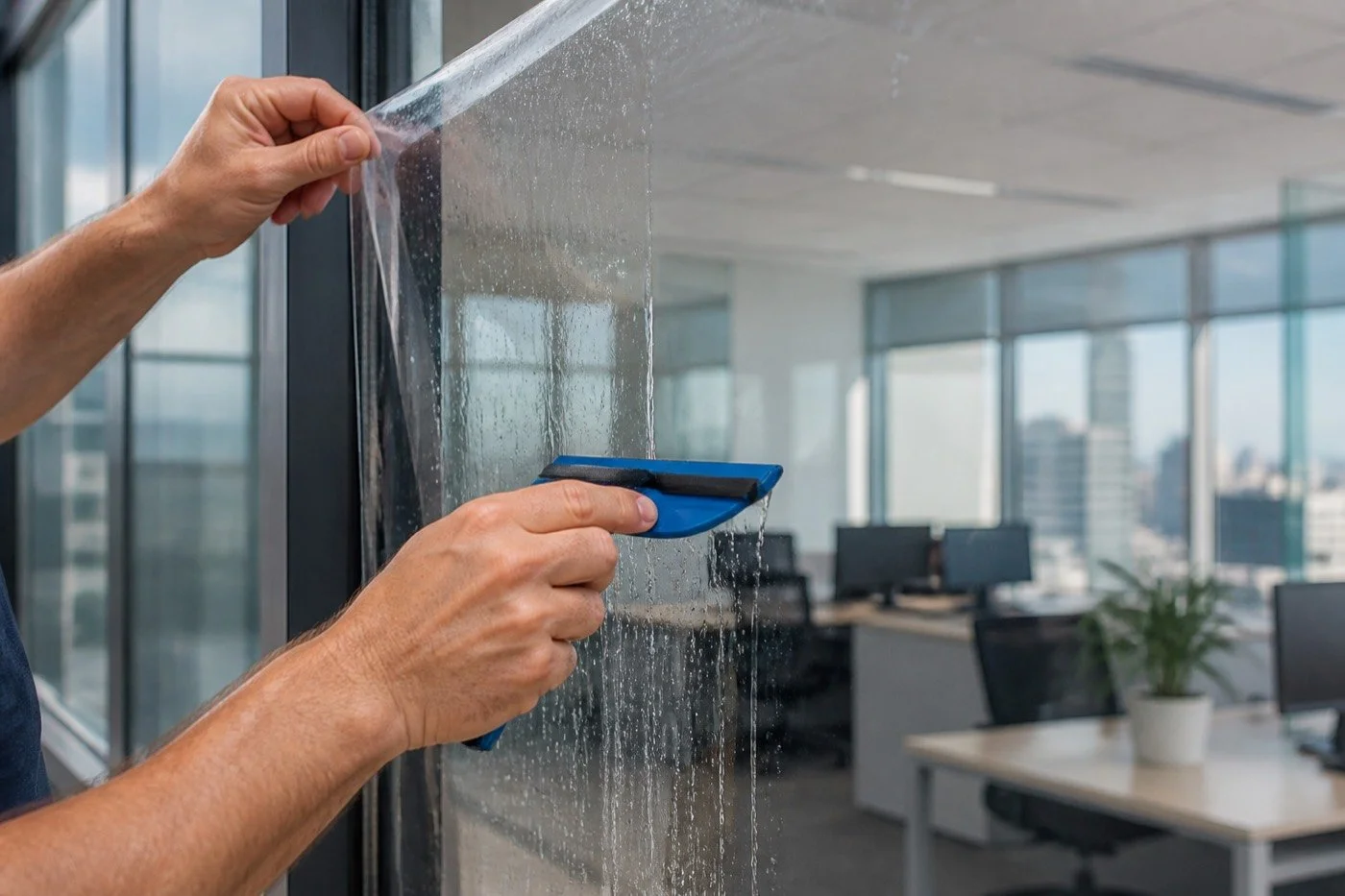 Installer using a squeegee to apply commercial window film to office glass.