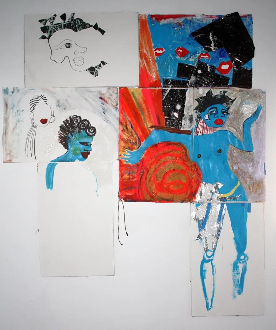 Blue Black Odyssey, acrylic, collage, wood strips, string on paper, 2012