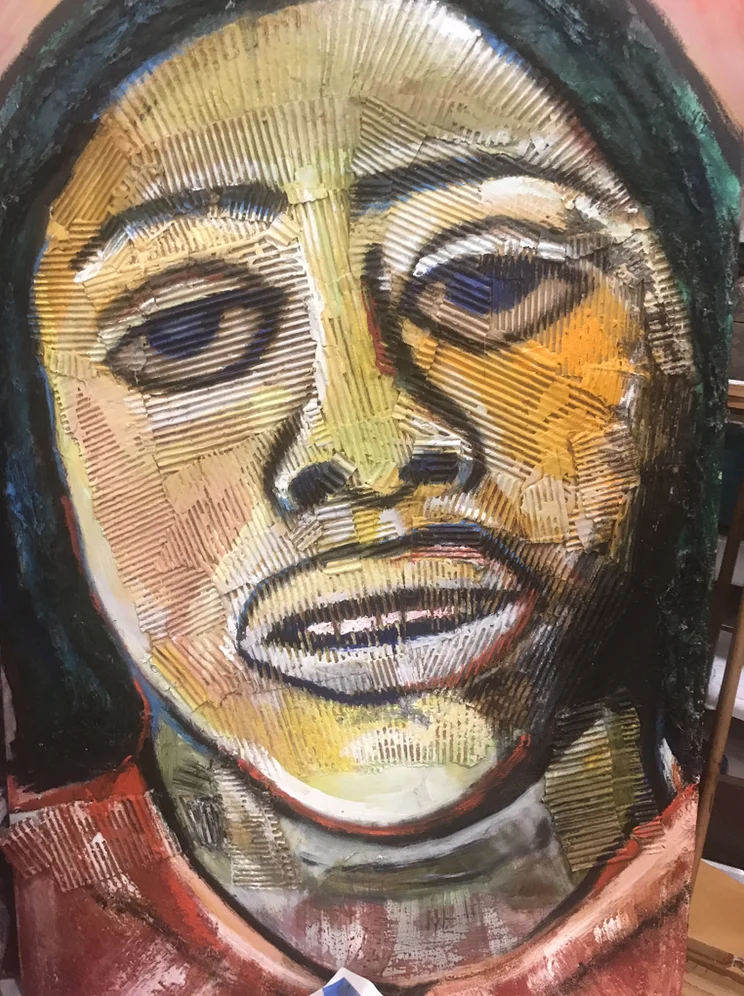 Portrait of Fannie Lou Hamer, acrylic and cardboard on canvas 36x48 inches