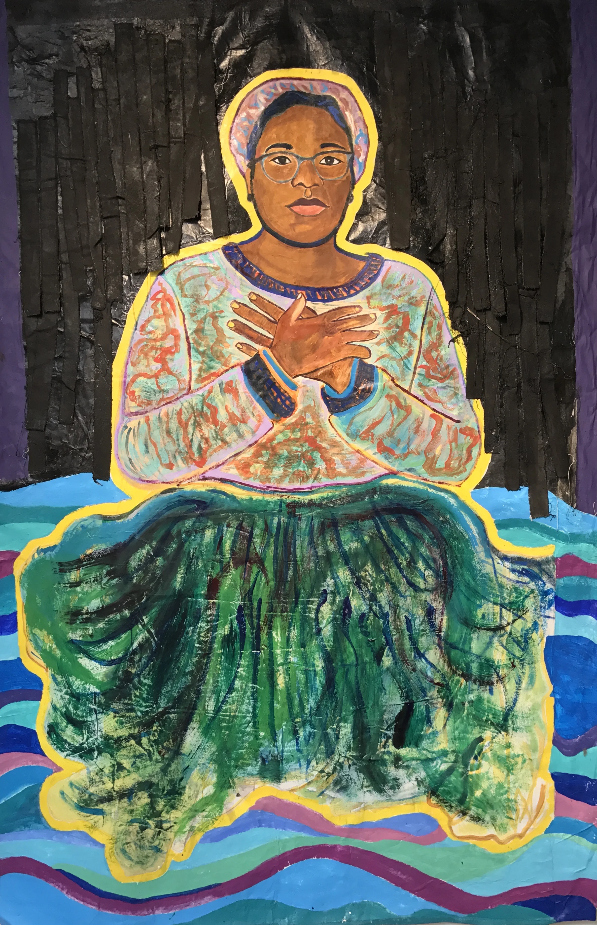 I Be Your Water 1/3 - Portrait of Chanel Porchia Albert, acrylic and mixed media on canvas, 8 x 5 feet