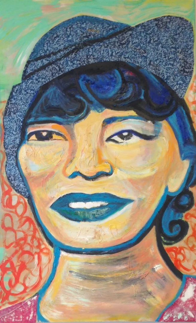 Portrait of Zora Neale Hurston acrylic and fabric on canvas, 36 x 48 inches