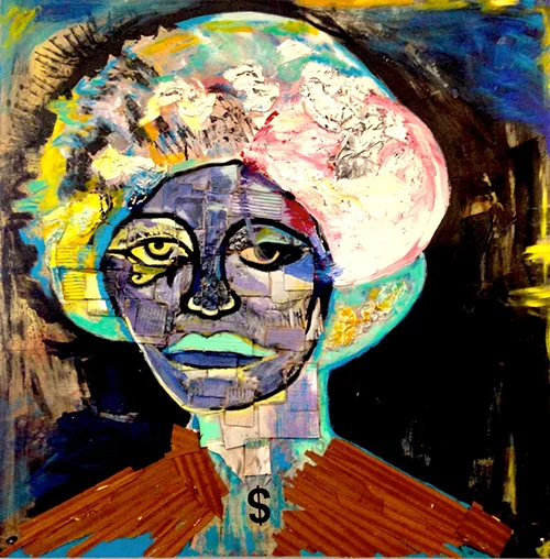 Mothership - Portrait of Angela Davis - 5x5 ft. acrylic, cardboard plaster, wood strips on wood