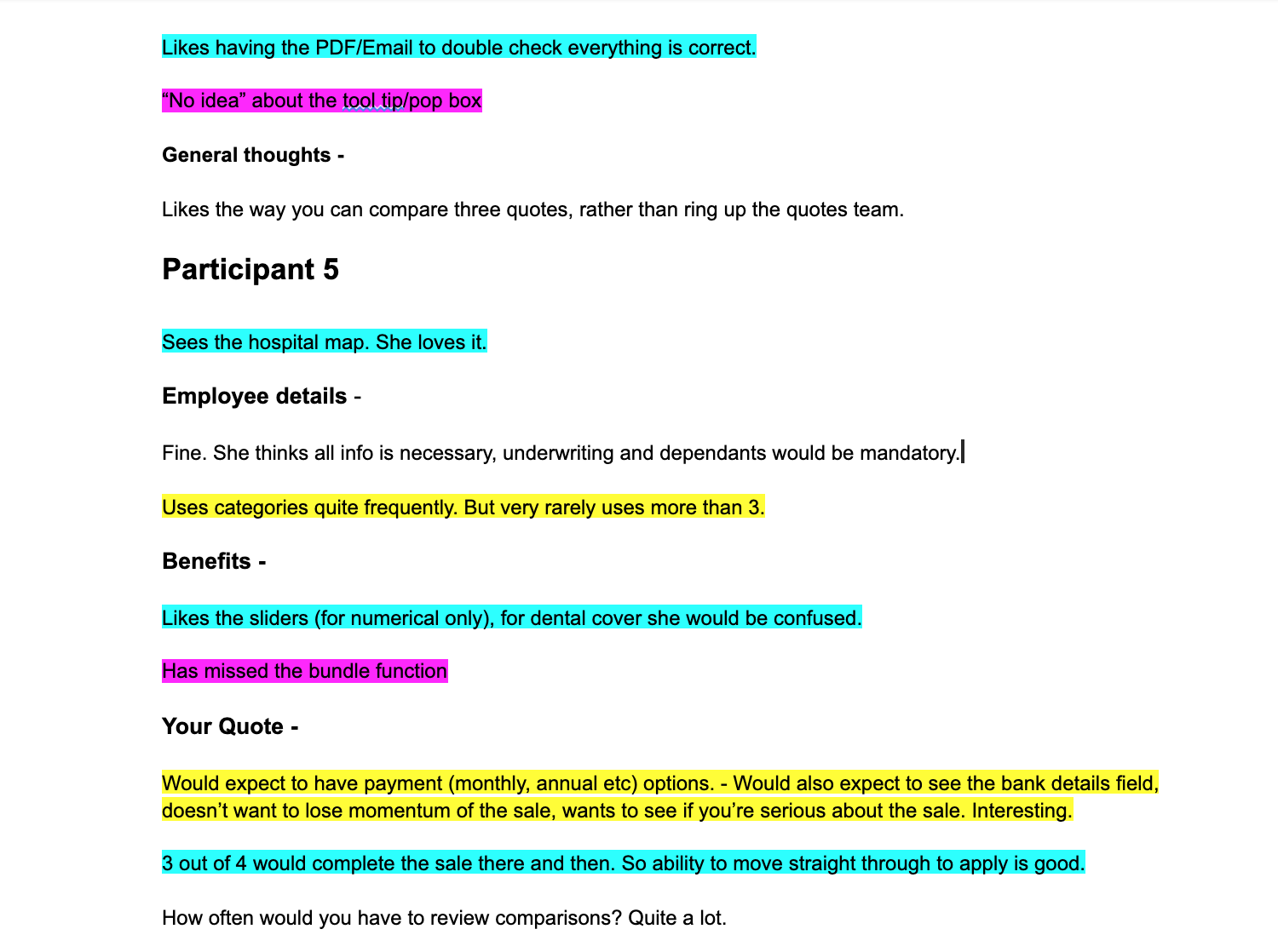 Qualitative analysis of user testing notes to highlight consistent themes