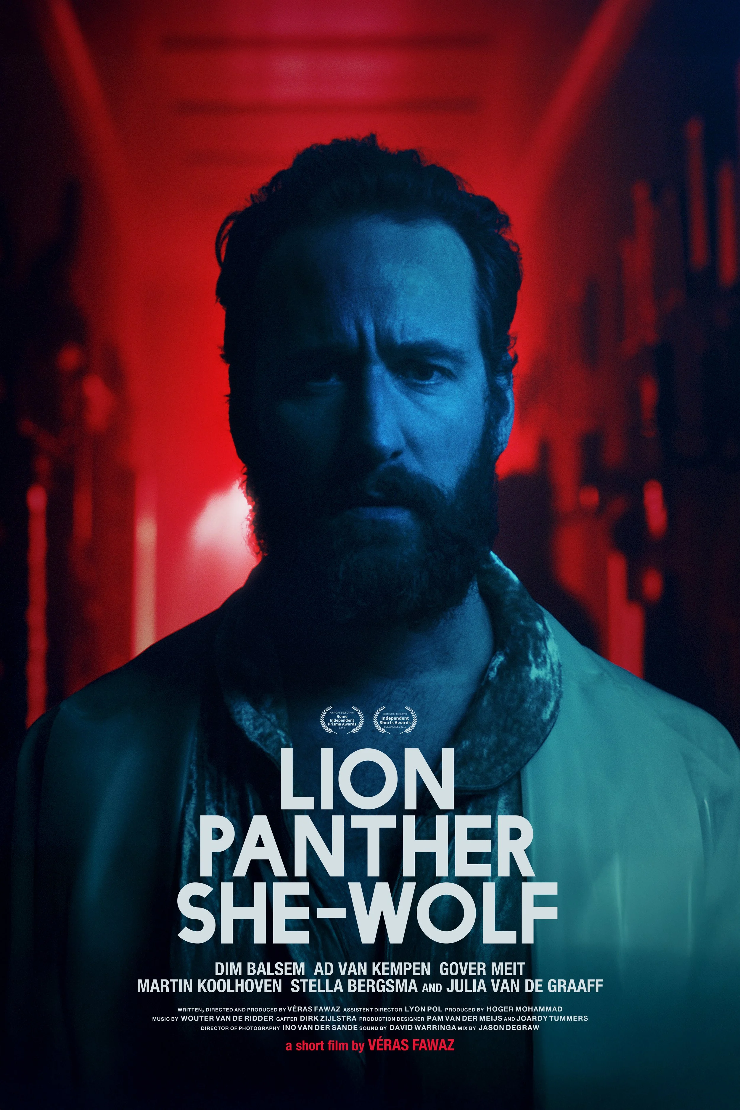 Movie poster for "Lion Panther She-Wolf" featuring a man with a beard against a dark red and black background.