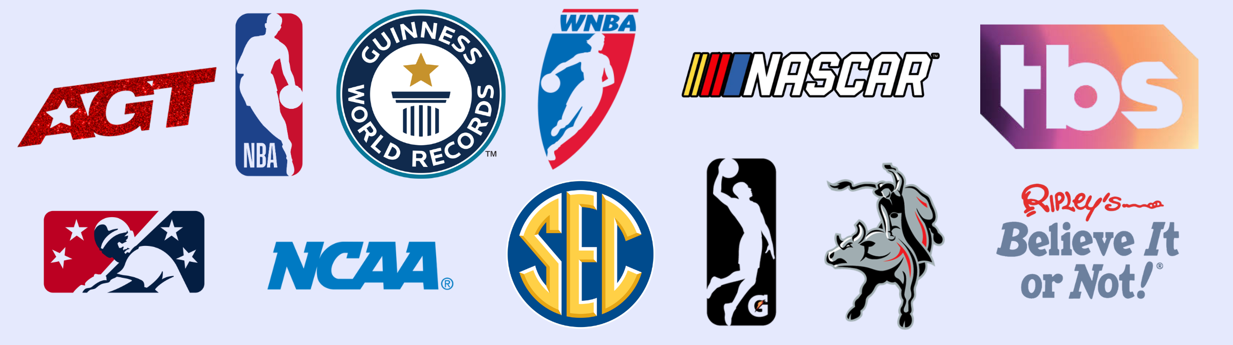 Client and media logos featuring NBA, NCAA, America's Got Talent, NASCAR, Guinness World Records, and major corporate partners of Grace Good Cirque.