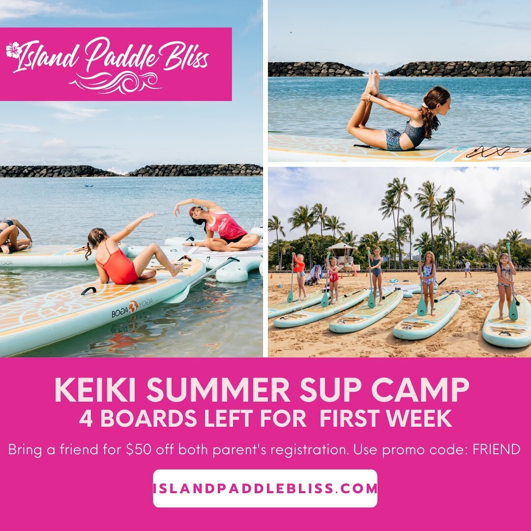 Special promo for my keiki summer SUP Camp! ✨ 

There are 4 boards left for the first week running June 5th-8th for ages 6-9 years old. 

Second week runs June 12th-15th for ages 10-12 years old. 

I&rsquo;m running a special promo when you bring a f