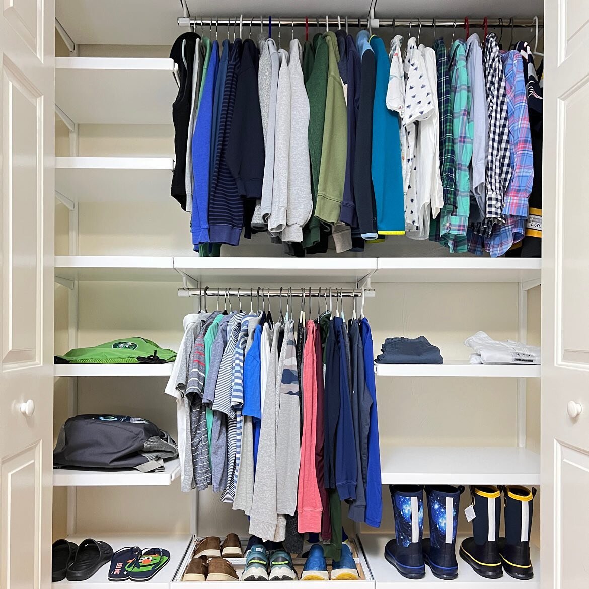 Another satisfying kids closet! These shelves are adjustable, so they can move as the clothes get bigger.