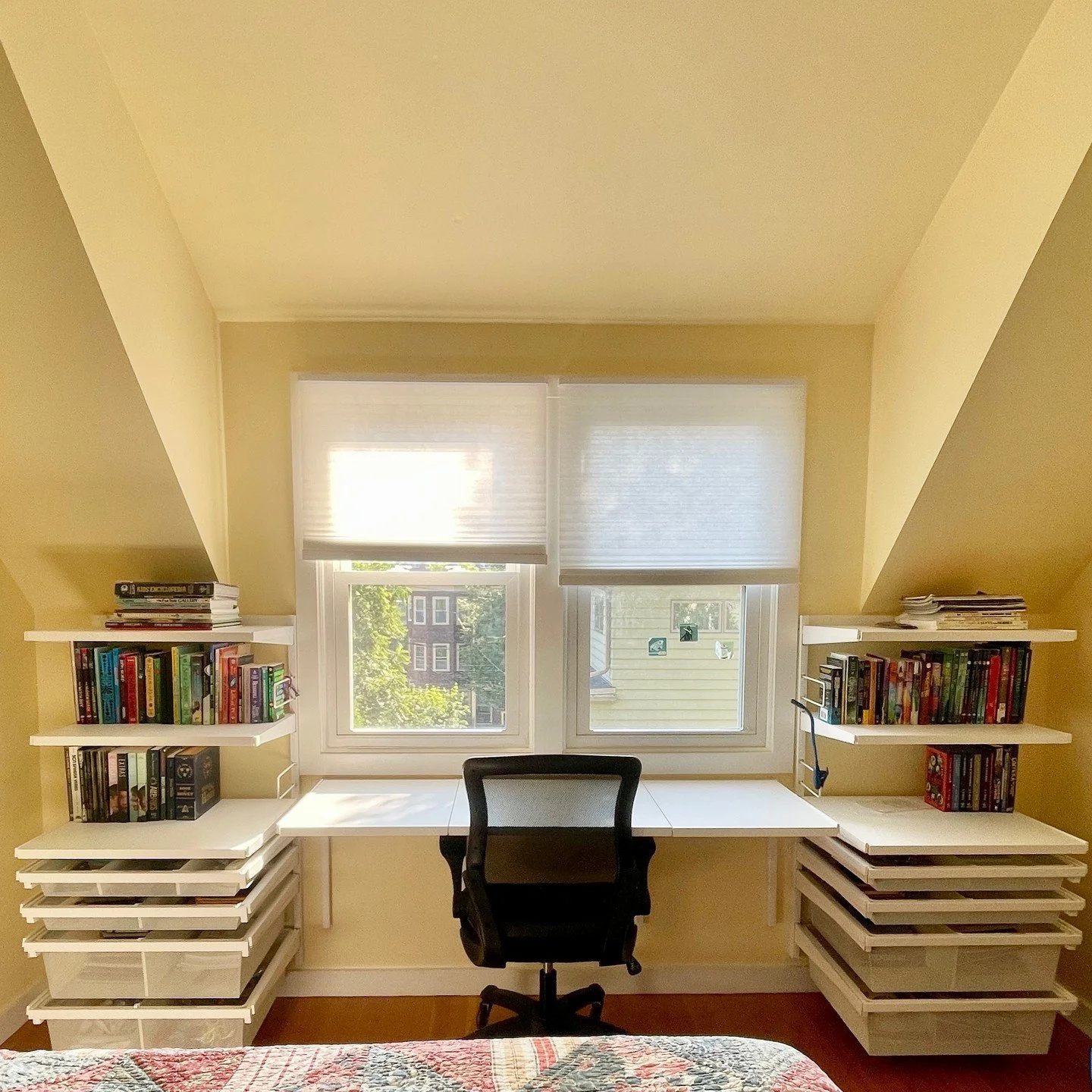 Can't find the perfect desk to fit in your space? Make your own! We transformed this bedroom wall to serve as a school work zone for the next 10 years. 📝
