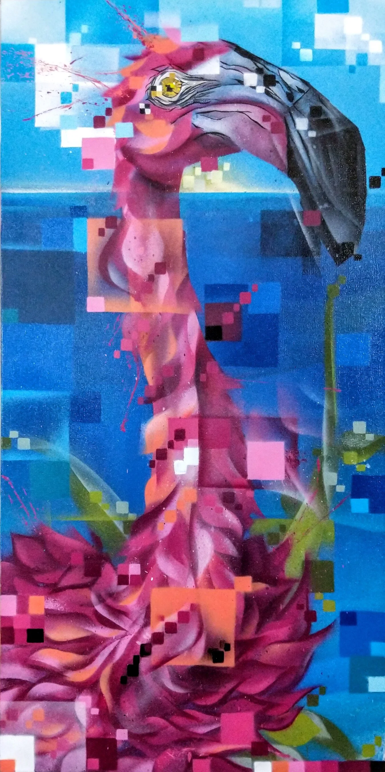 Flamingo in Coastal Grass - HAND EMBELLISHED PRINT