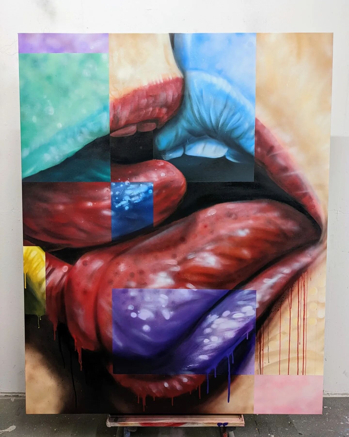 Title: &quot;promiscuously indulgent&quot;
Medium: Spray paint 
Size: 4ft x 5ft
*
Today I have for you another exploration into color separation and composition using human anatomy. 
This painting has a visceral &amp; erotic  motif that I find intere
