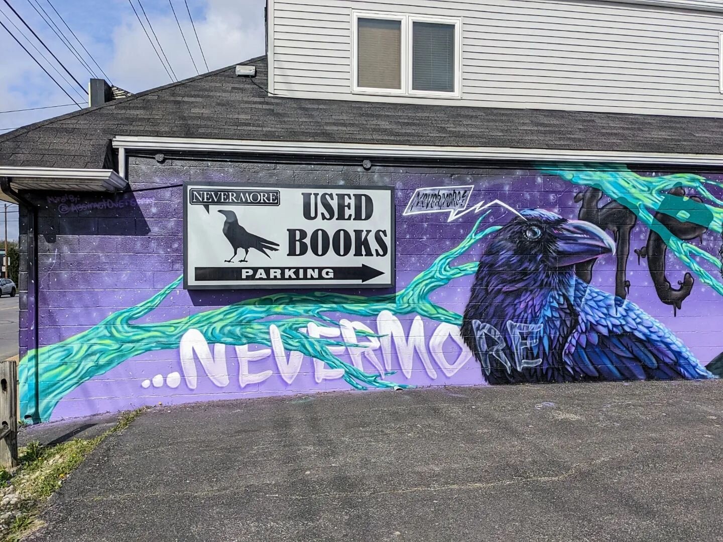 &quot;Quoth the Raven&quot;
45ft x 12ft
&quot;Believe only half of what you see, and nothing you hear.&quot;
-Edgar Allan Poe
&Dagger;
Fitting themed mural for Nevermore used books here in West Toledo.
It felt really good to paint again after the bet