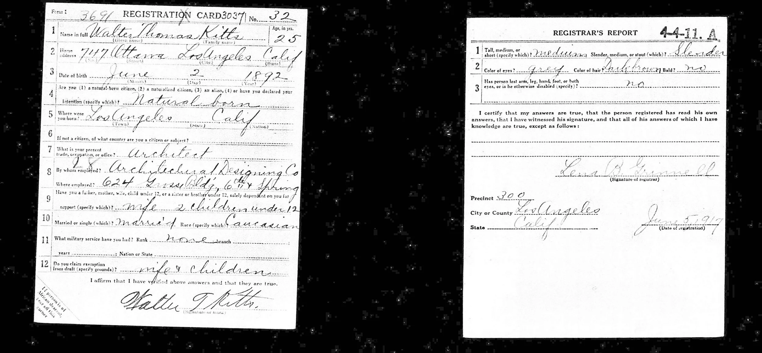 Walter Thomas Kitts Draft Registration Card. Courtesy of fold3.
