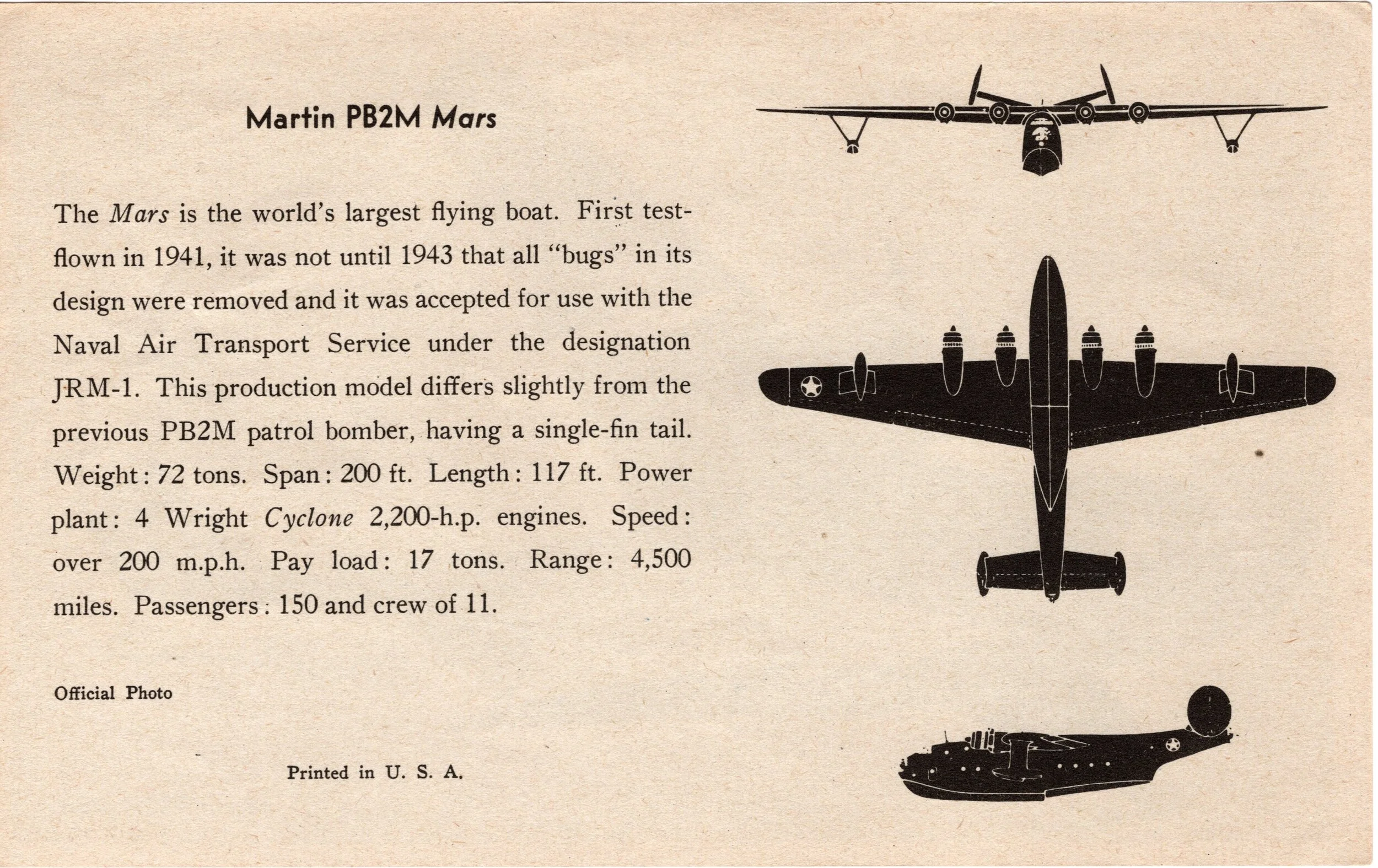 Martin PB2M Mars stats.  Founder’s personal collection.