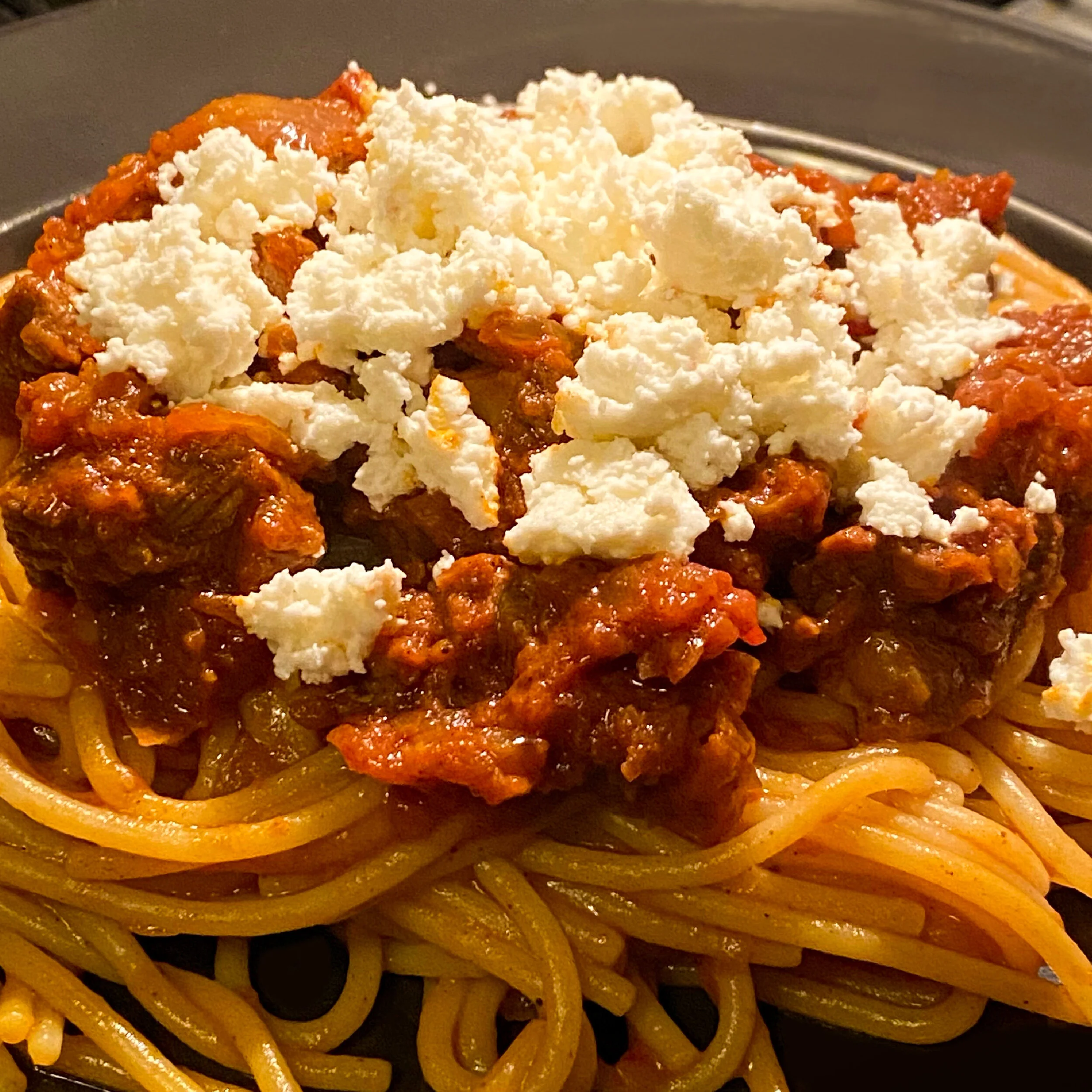 Ethiopian spaghetti and spicy meat sauce