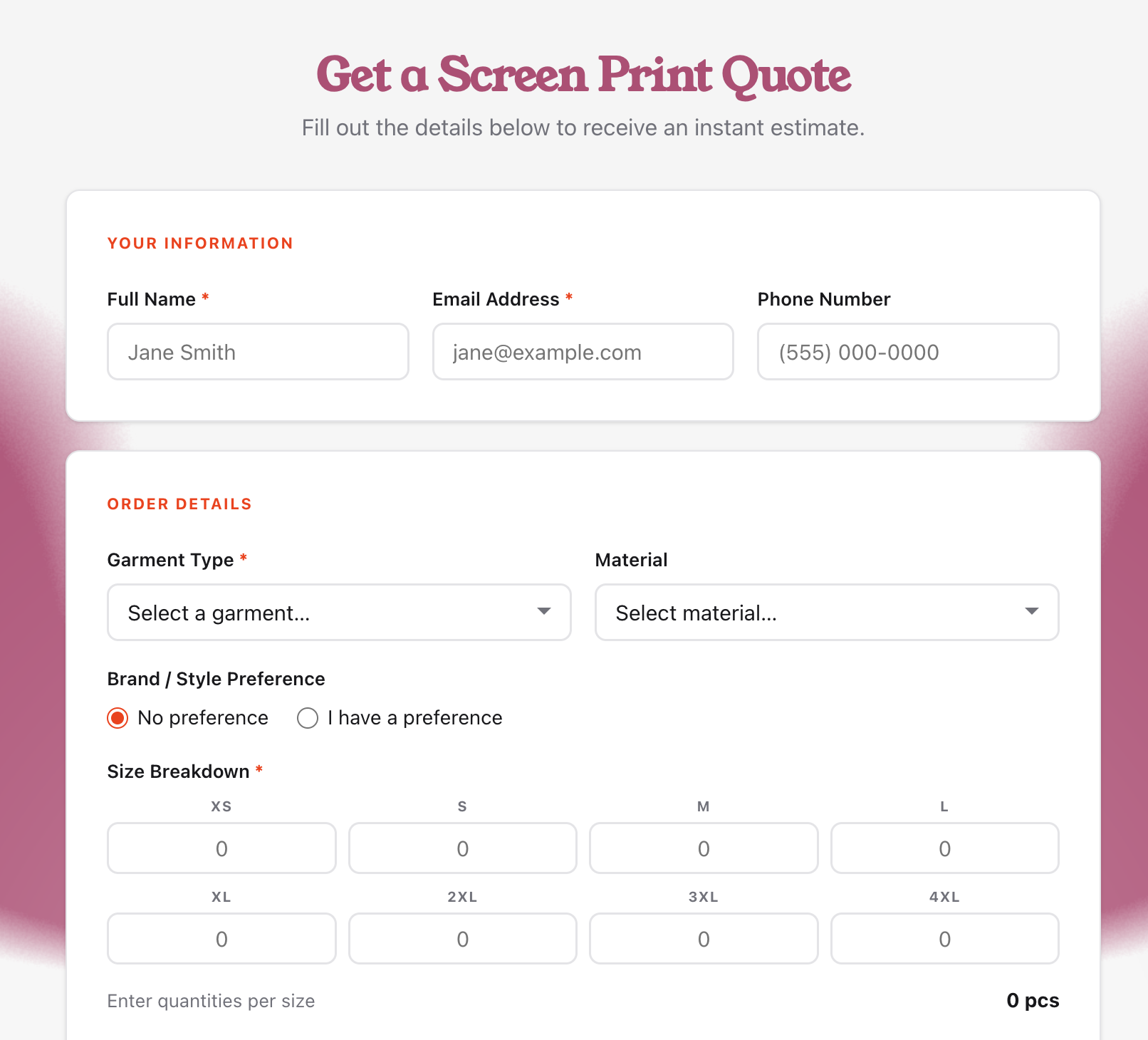 Screen Print Quote Calculator - For Squarespace Websites