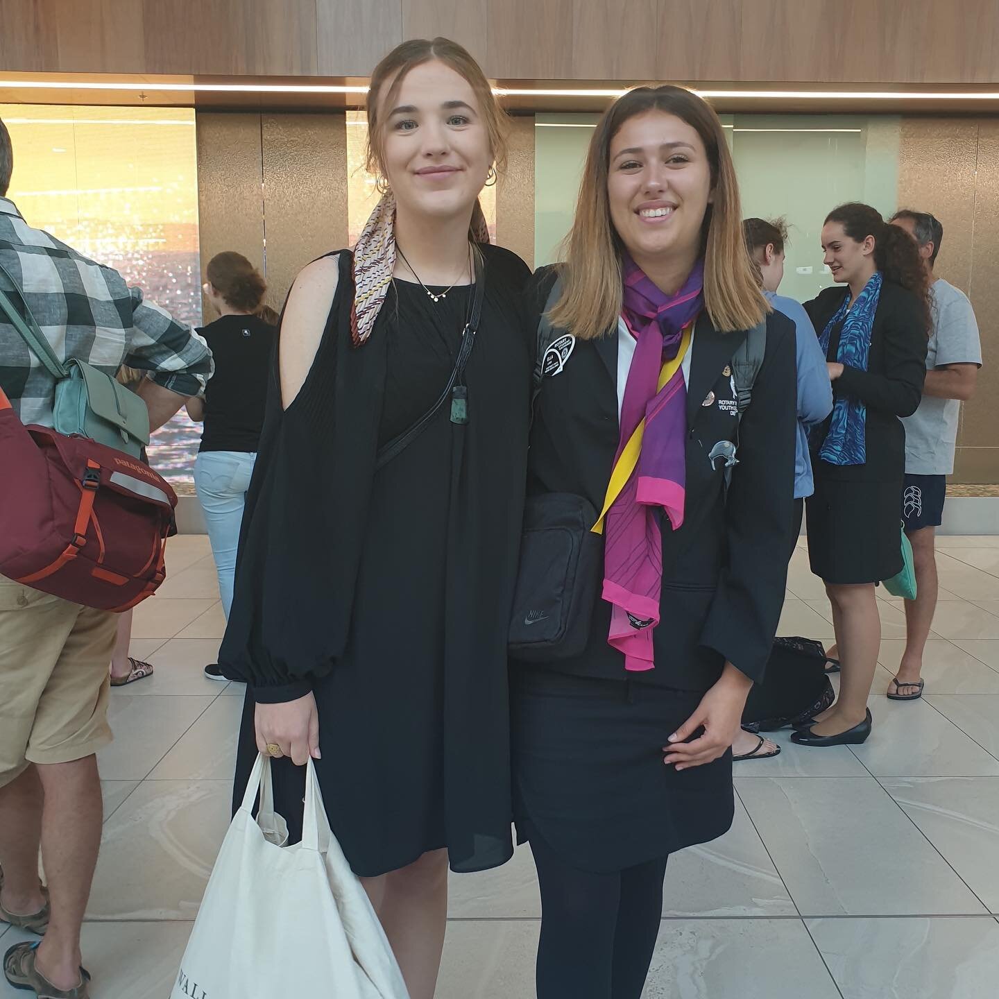 Rotary Takapuna North plays an active role in Rotary Youth Exchange program.
Here we have Amalie on the left, our current inbound exchange student from Denmark, and on the right Ella, our outbound exchange student at the airport departing on her year