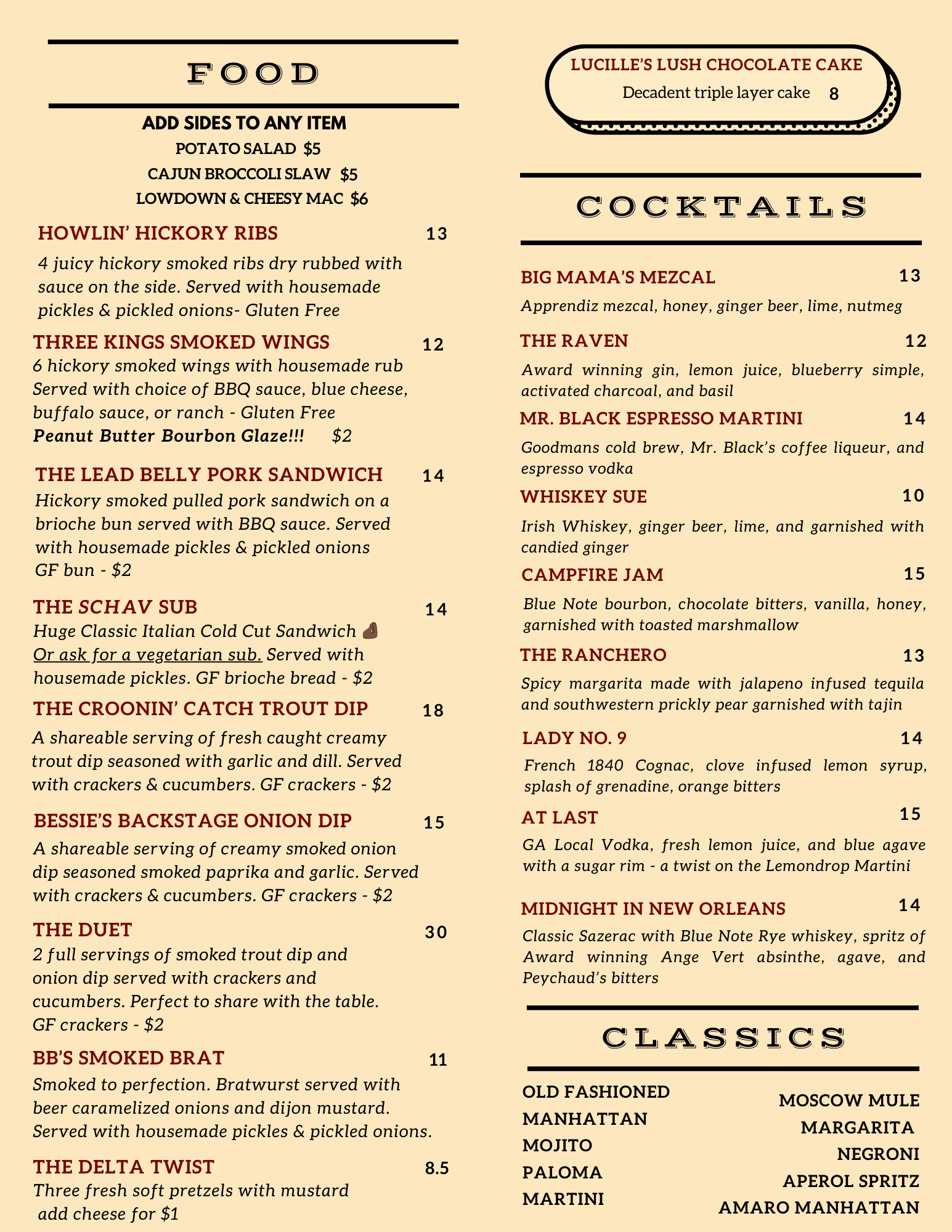 The Woodshop Menu, The Woodshop, Menu, BBQ, Cocktails, Chattanooga