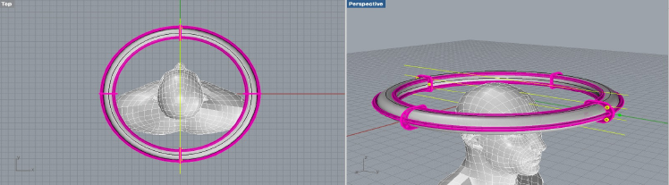 Proprioception, the perception of your body in space, was the second brief and we chose to explore the idea of both improving and hindering balance simultaneously with this weighted headpiece that functioned as a kind of spirit level for the body.