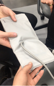 For our final brief, telepresence, we were keen to make something with applicable value. We created a therapeutic tool for anxiety by repurposing the expanding belt in a blood pressure monitor and transforming it into a band that would be wrapped ar…