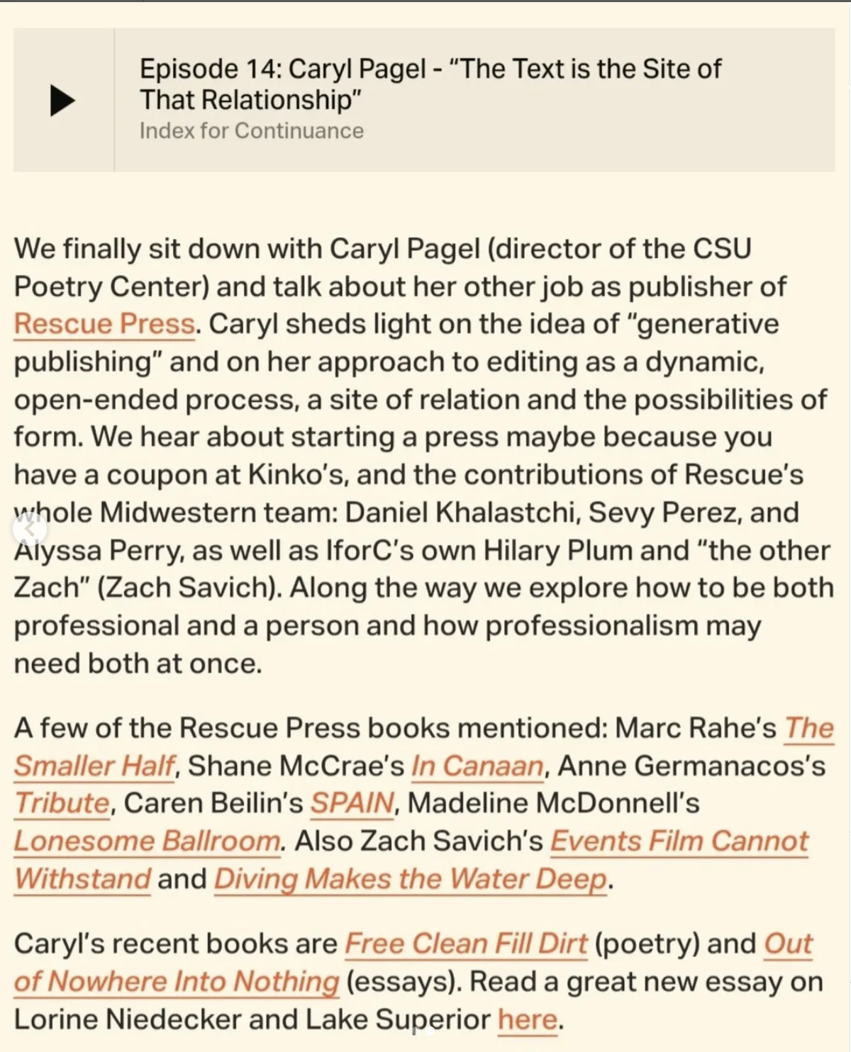INDEX FOR CONTINUANCE PODCAST W/ HILARY PLUM & ZACH PECKHAM