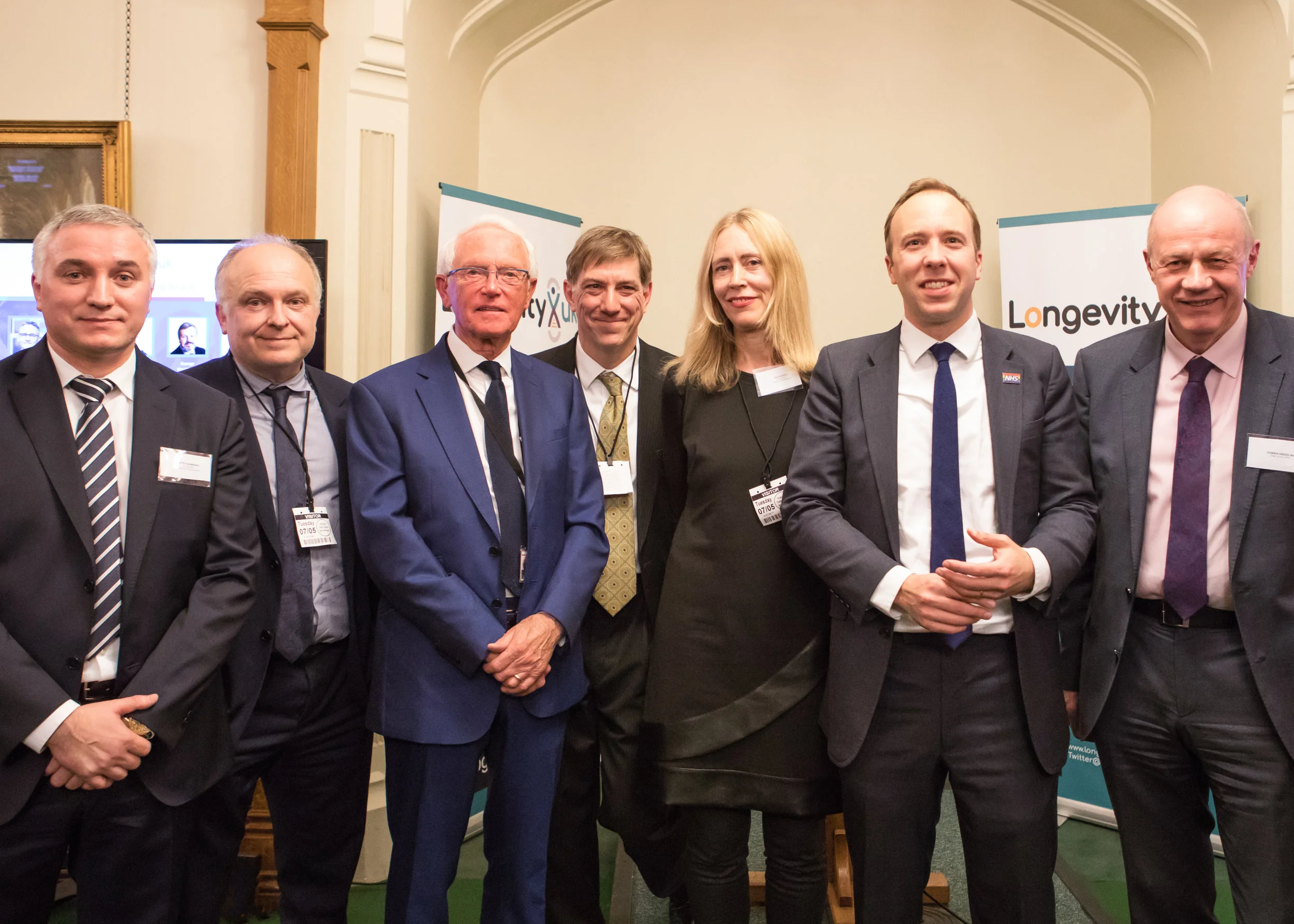Launch of APPG for Longevity, House of Commons, 7 May 2019 The Secretariat with Rt Hon Damian Green MP (APPG Chair), The Lord Filkin CBE (Advisory Board Chair), Professor Andrew Scott (Advisory Board Member) and Rt Hon Matt Hancock MP, Secretary of State for Health and Social Care