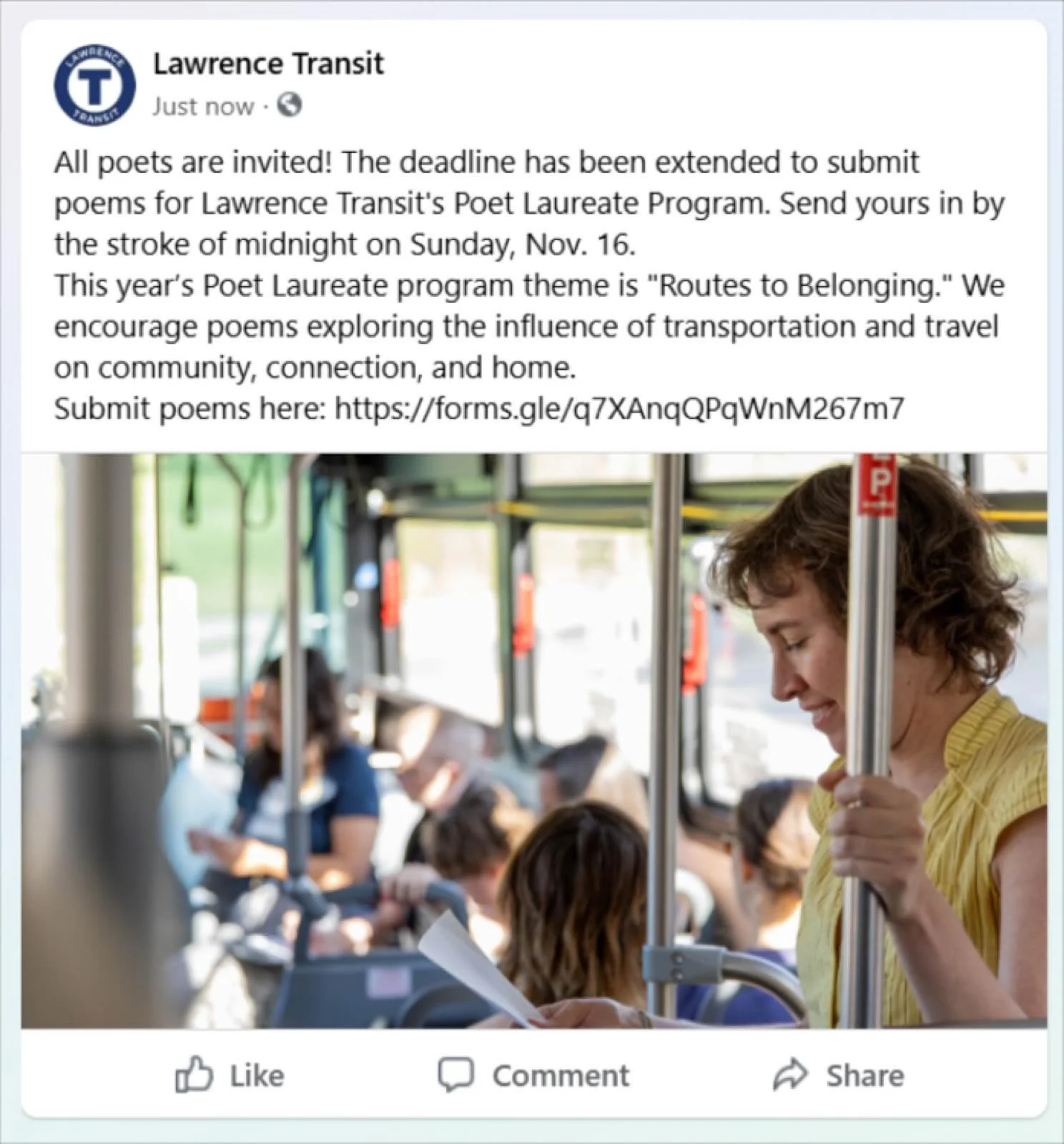 There&rsquo;s still time to submit your poems. 🔗 in bio ❤️

This year&rsquo;s program invites poets to explore how we create and discover belonging through the pathways we travel&mdash;both literal and metaphorical. Whether it&rsquo;s the bus route 