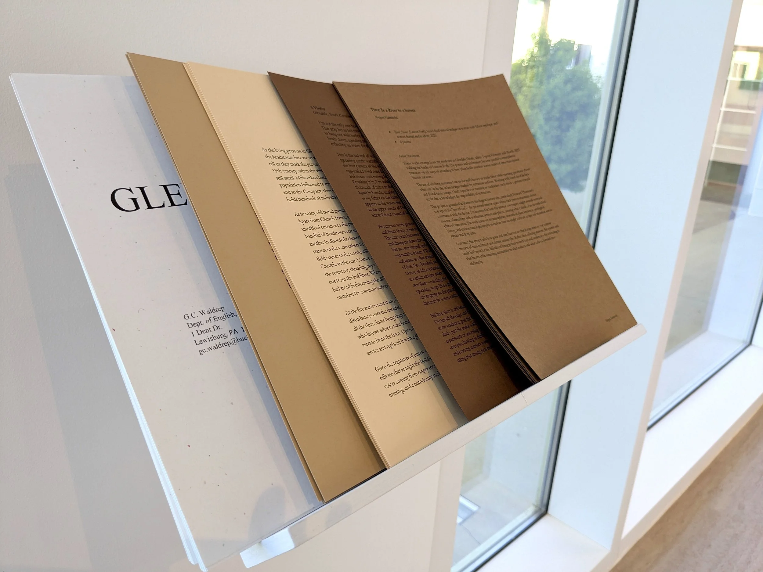 “Time Is a River Is a Suture” (textile + poems). Glendale: Looking Back, Looking Forward, 
Being Present. Richardson Family Art Museum, Wofford College. Spartansburg, SC 
(2025)
