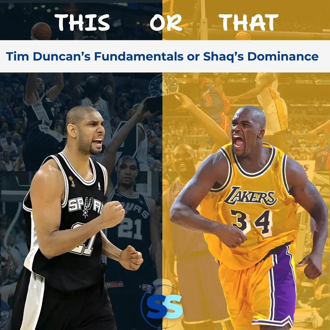 This or That 007: Which would you pick?
Tim Duncan’s Fundamentals or Shaq’s Dominance 🤔
Follow @sidelinesoundoff to join the daily sports conversation. 
#basketball #nba #nbafinals #timduncan #shaq #ballislife #nbafans #hoops #thisorth