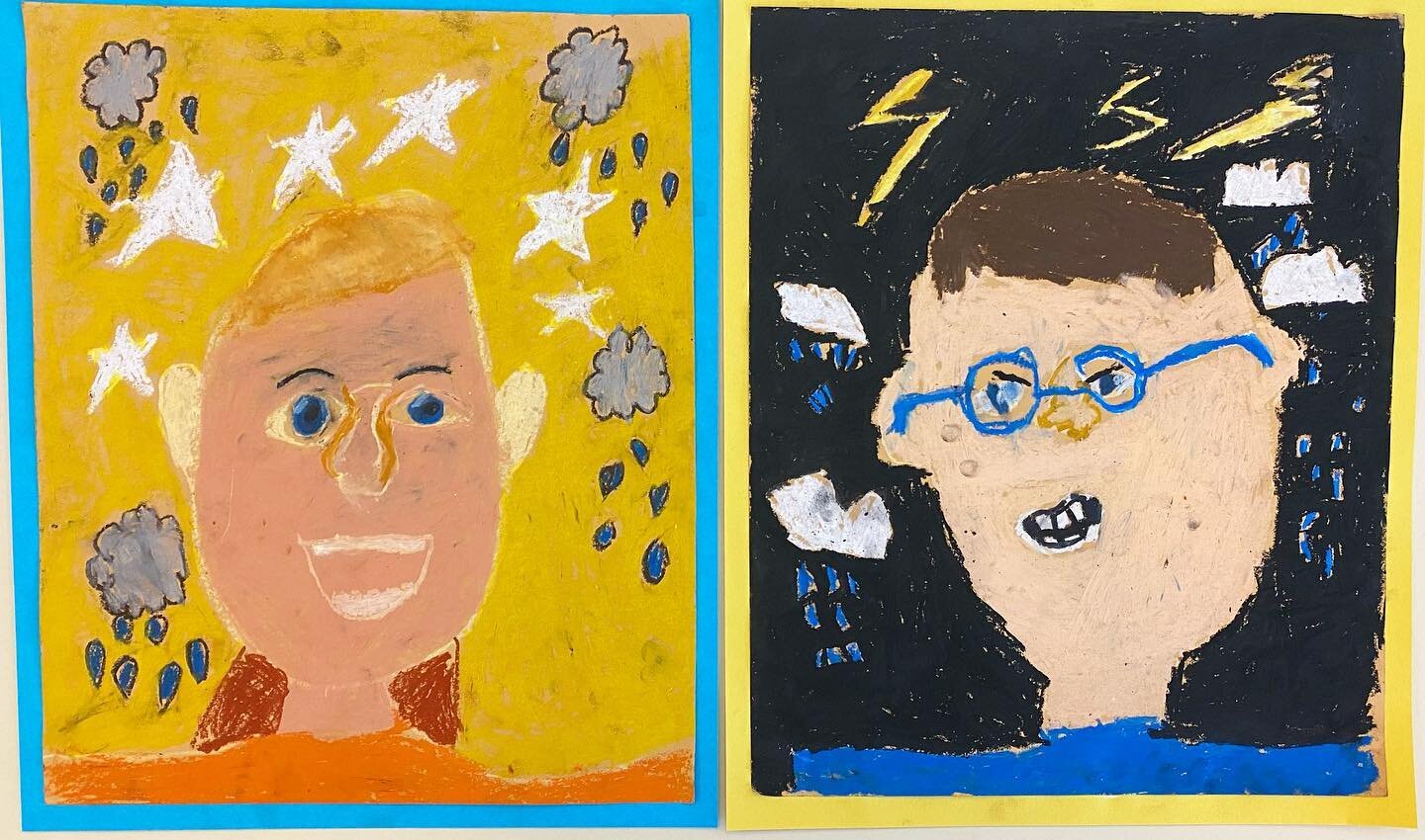 👯⛈️⭐️ love how these second grade portraits look side by side! Opposite moods 🎭 #selfportrait #elementaryart