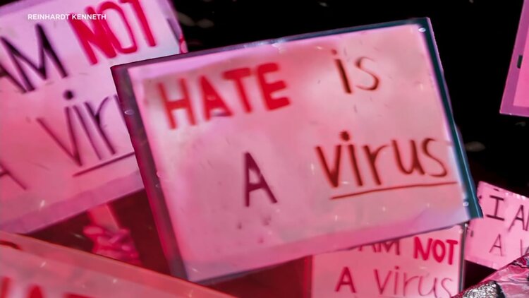 Anti-hate sign during a coronavirus racism protest in San Francisco. Photo courtesy of ABC-7 News, San Francisco