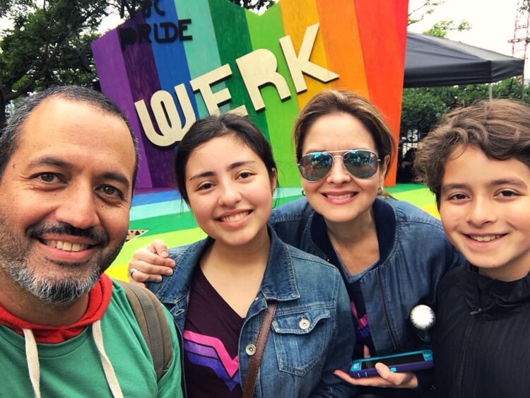 The Balta family celebrating Pride Month in New York City, June 2018.  (Left to right: Hugo, Isabella, Adriana, Esteban)