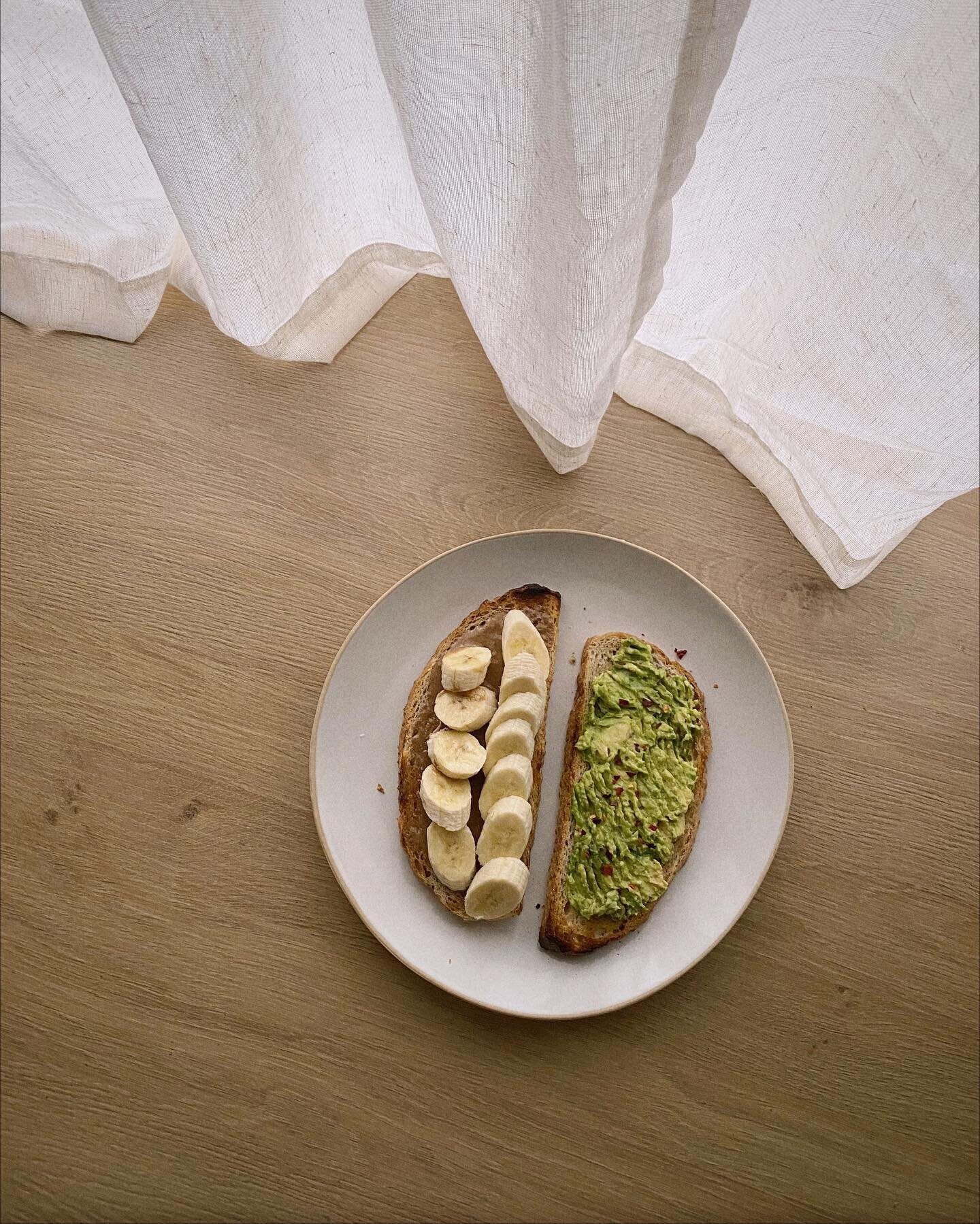 I took this photo, but then realized it looked like the plate was sitting on the floor&hellip;I assure you it is the kitchen counter.  Lol!  Anyway, it&rsquo;s sourdough with avocado, and sourdough with almond butter and banana slices.  Yum.  Love yo