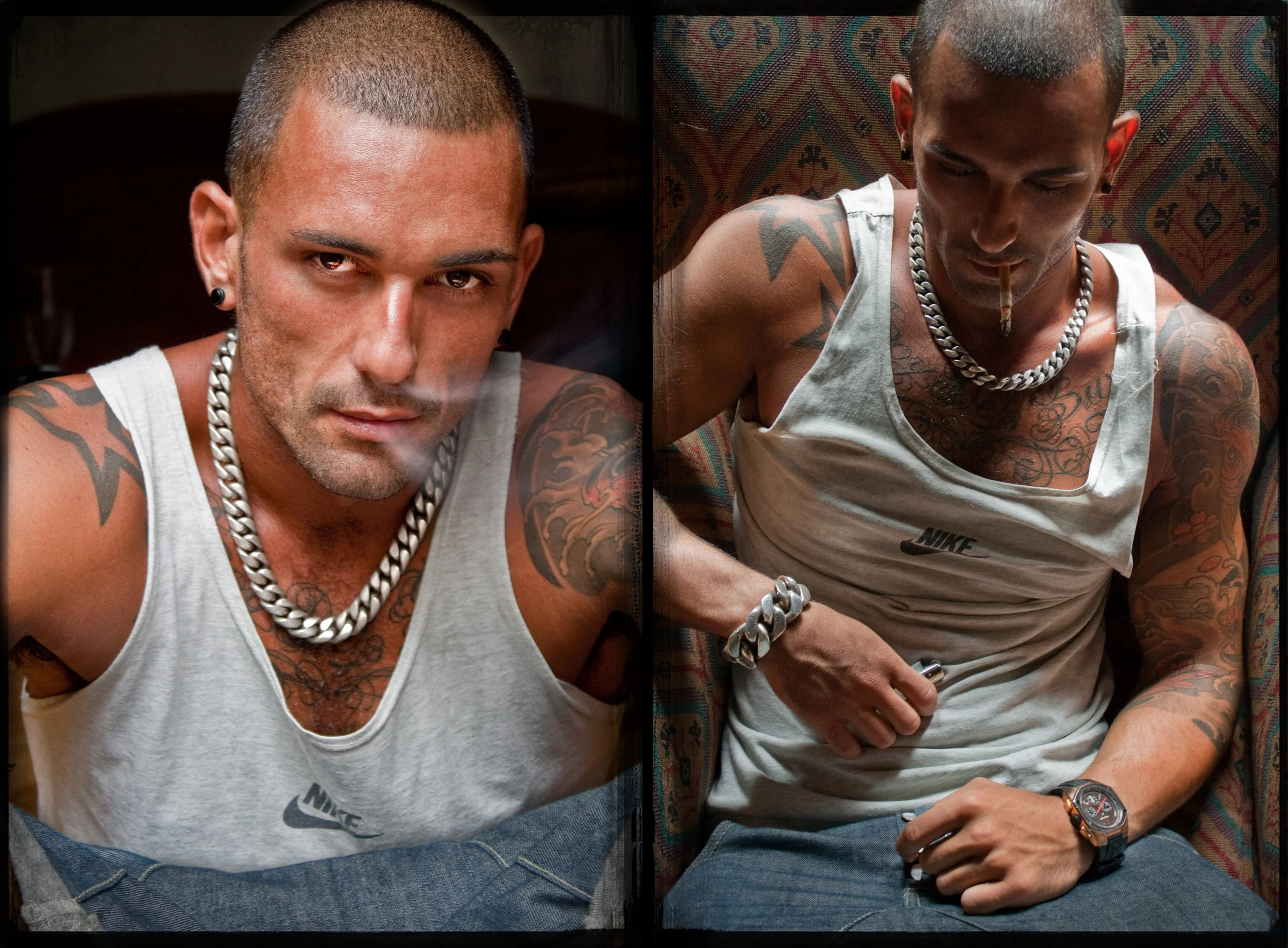 A man with tattoos, short buzzed hair, and a serious expression, wearing a white Nike tank top, silver jewelry, and earrings, positioned on the left. In the right part, he is sitting with a cigarette in his mouth, surrounded by a patterned fabric, wi