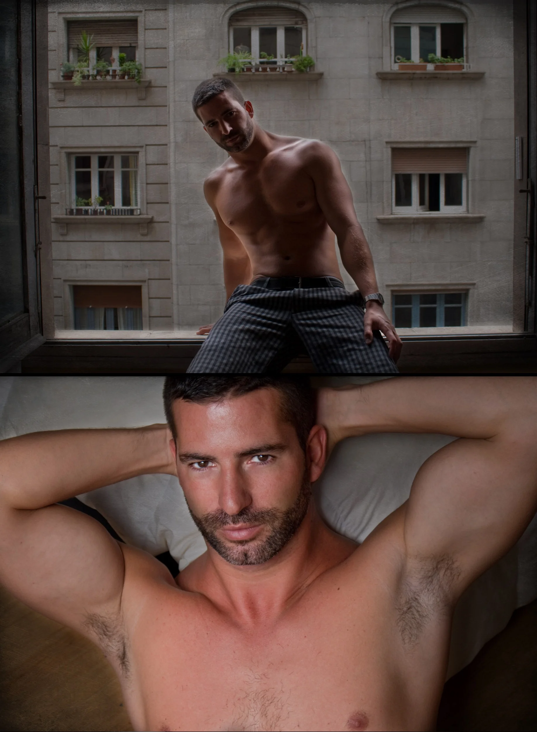 A shirtless man with dark hair and a beard lying on a bed with his arms behind his head, and a man with short dark hair outside a window leaning in, shirtless, wearing checkered pants.
