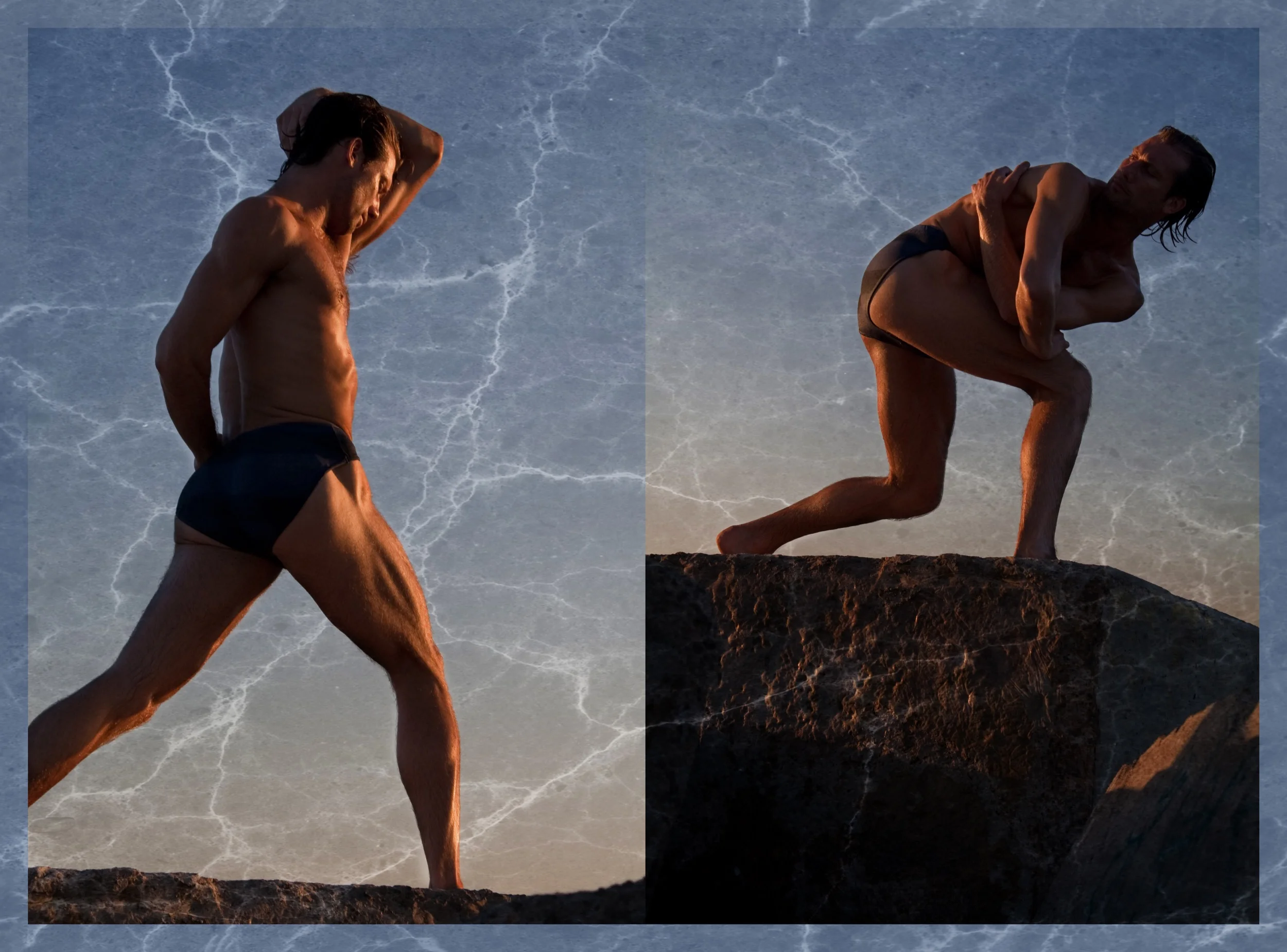 Two men, one standing and one crouching on a large rock, under a dark, stormy sky with lightning in the background.