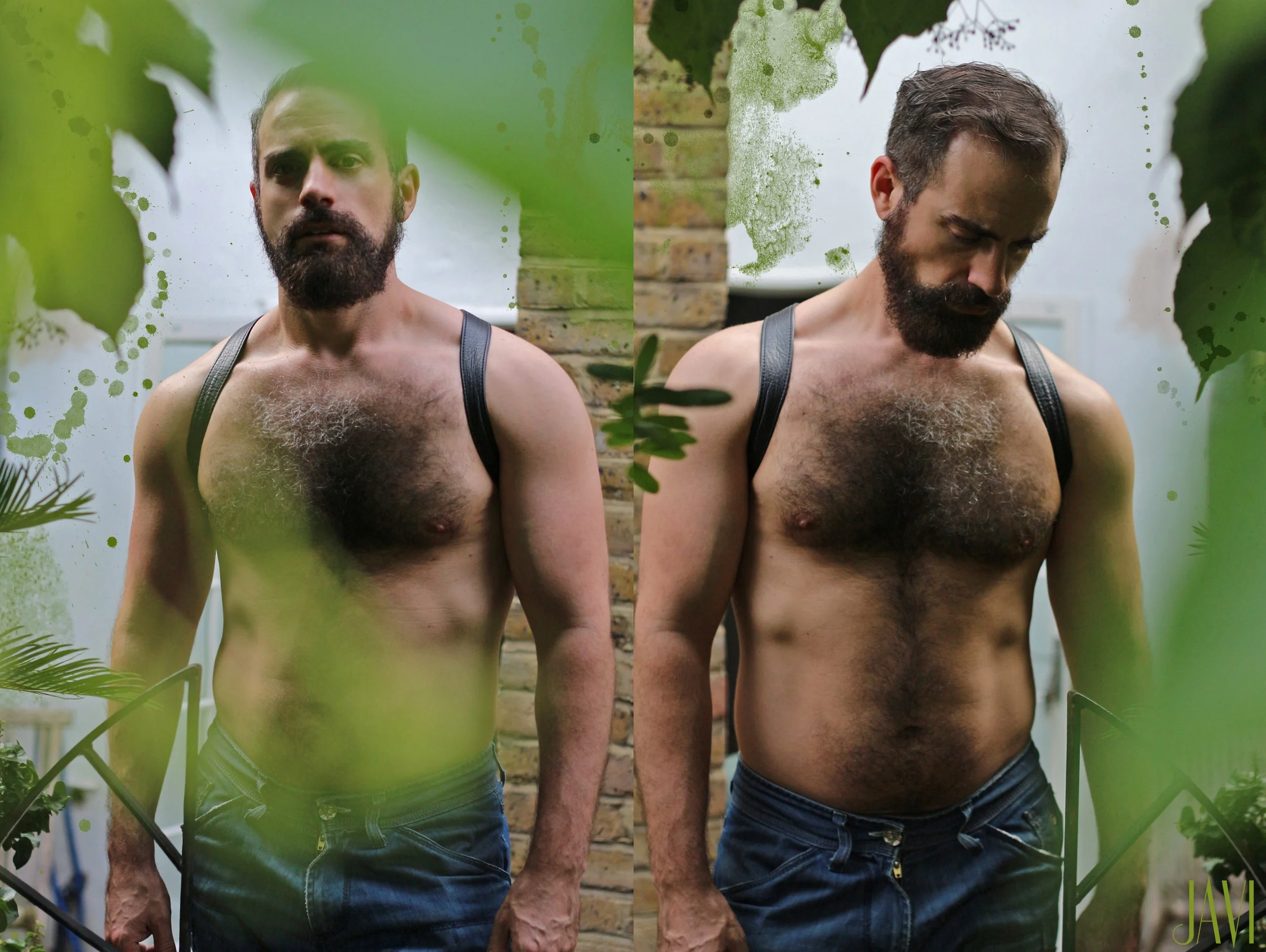 Seis hombres musculosos con barba y sin camisa, uno de frente y otro con la cabeza inclinada hacia abajo, en un entorno de jardín o patio.