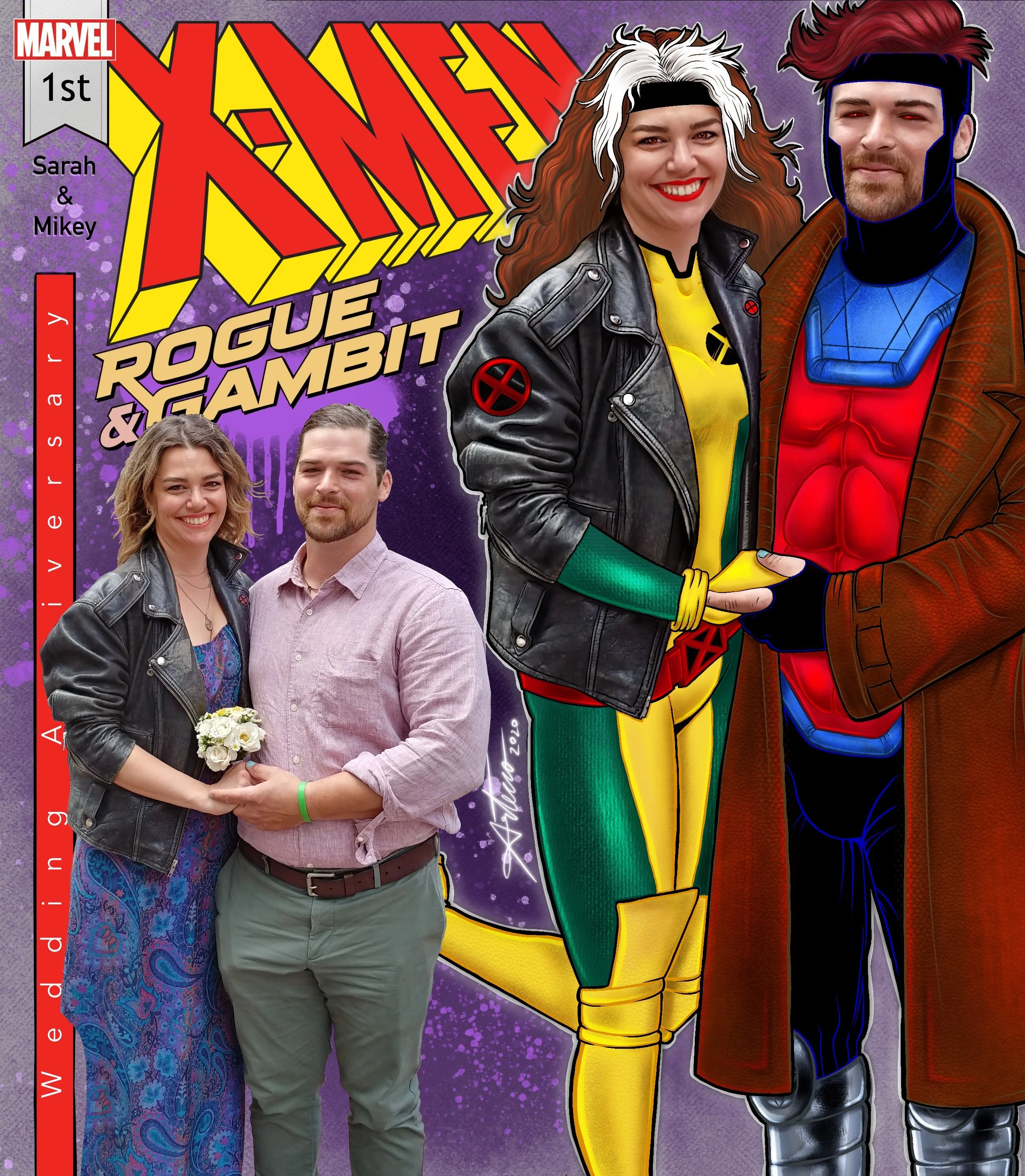 Una portada de cómic estilo Marvel con personajes de la serie 'X-Men'. El fondo es púrpura con efectos de estrellas y salpicaduras. Texto en español que indica un evento de 'aniversario' y muestra la frase 'Rogue & Gambit'.
