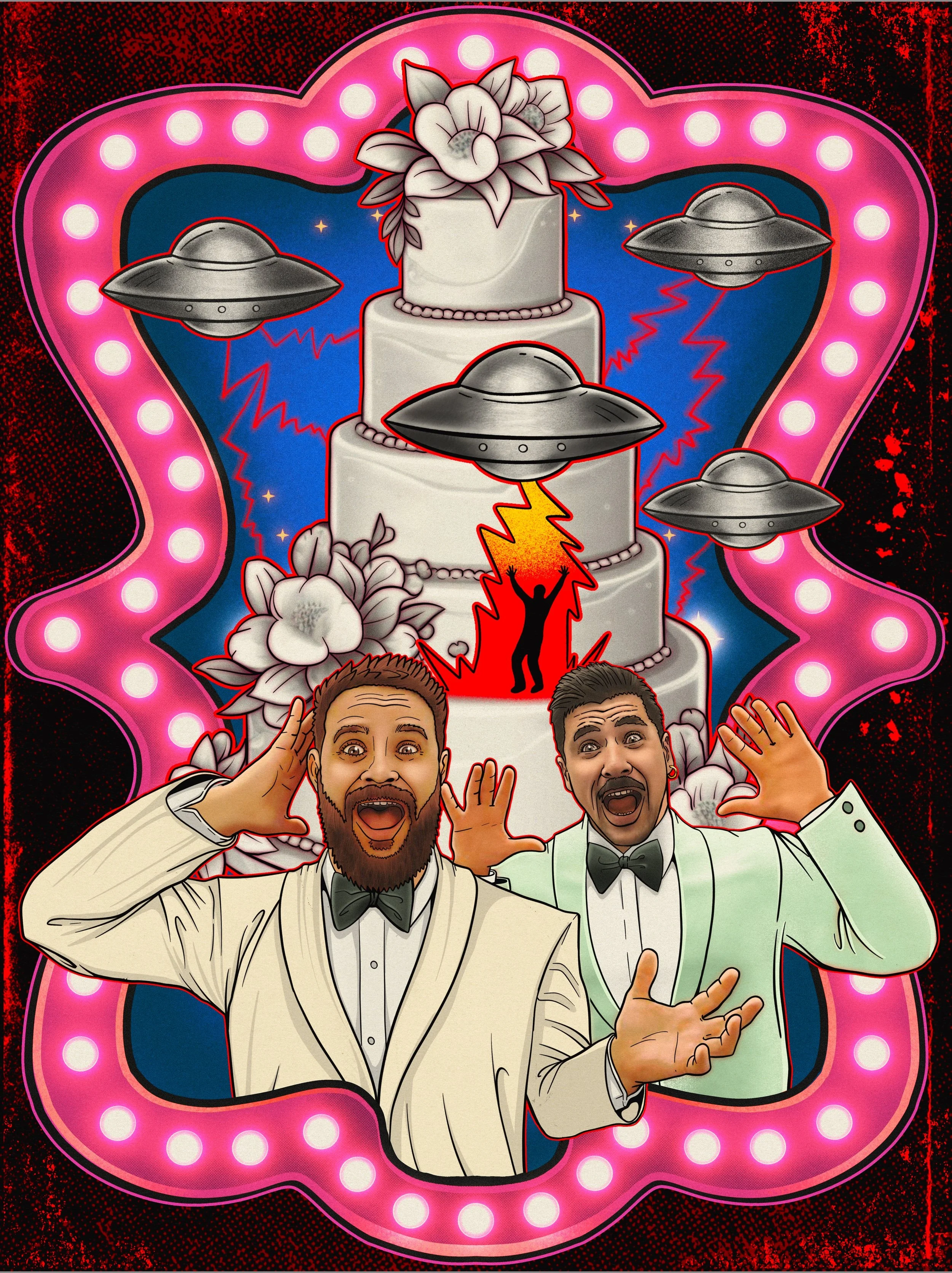 Ilustración de una escena de fiesta con dos hombres en trajes elegantes y una torta de bodas en el fondo, con ovnis y un rayo láser, en una estética de dibujos animados y colores vivos.