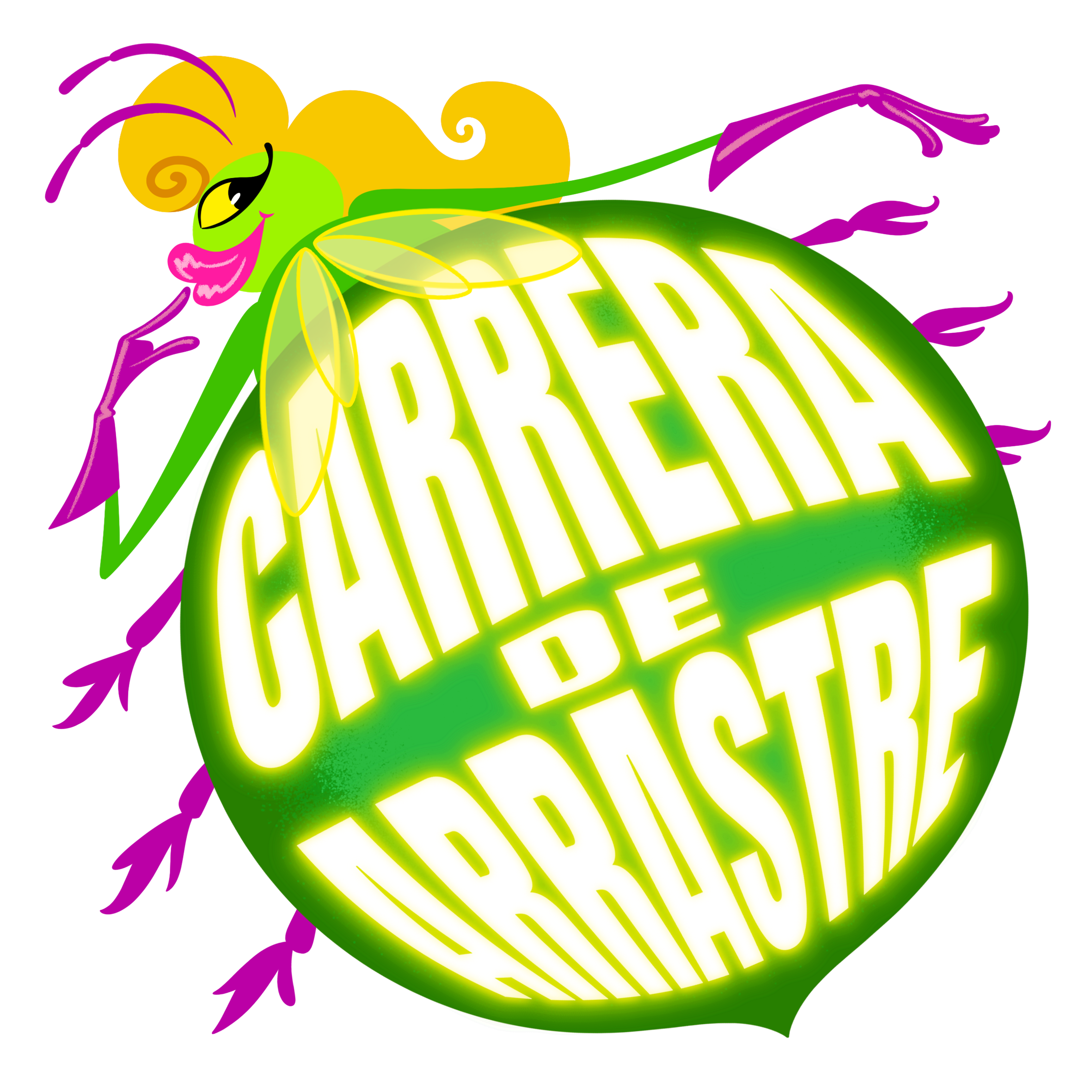 Mascota del podcast Carrera de Arrastre , Un luciernaga caricaturesco con antenas moradas y rostro alegre, rodeado de texto que dice 'Carrera de Arrastre' en letras grandes y brillantes, hecho originalmente por el ilustrador Juanjo Cuerda